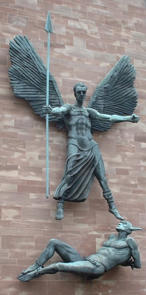 Sir Jacob Epstein's bronze statue for Coventry Cathedral of Michael. 